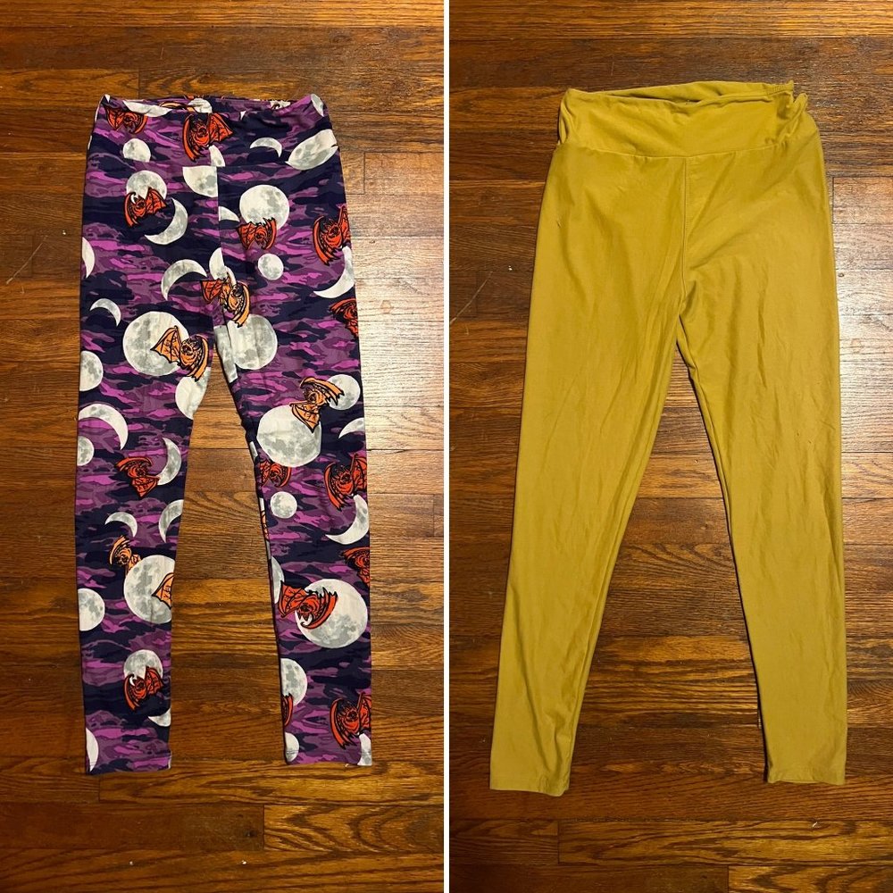 ❗DONATING Feb 1 ❗ LuLaRoe Leggings Halloween moon & bat & mustard yellow solid